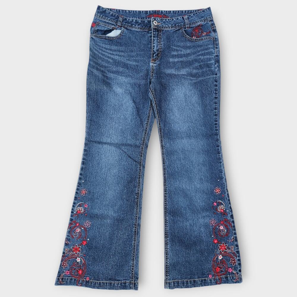 Bongo Jeans Jrs. 16.5 Blue Denim Bootcut Floral Embroidered Med-Wash VTG Y2K